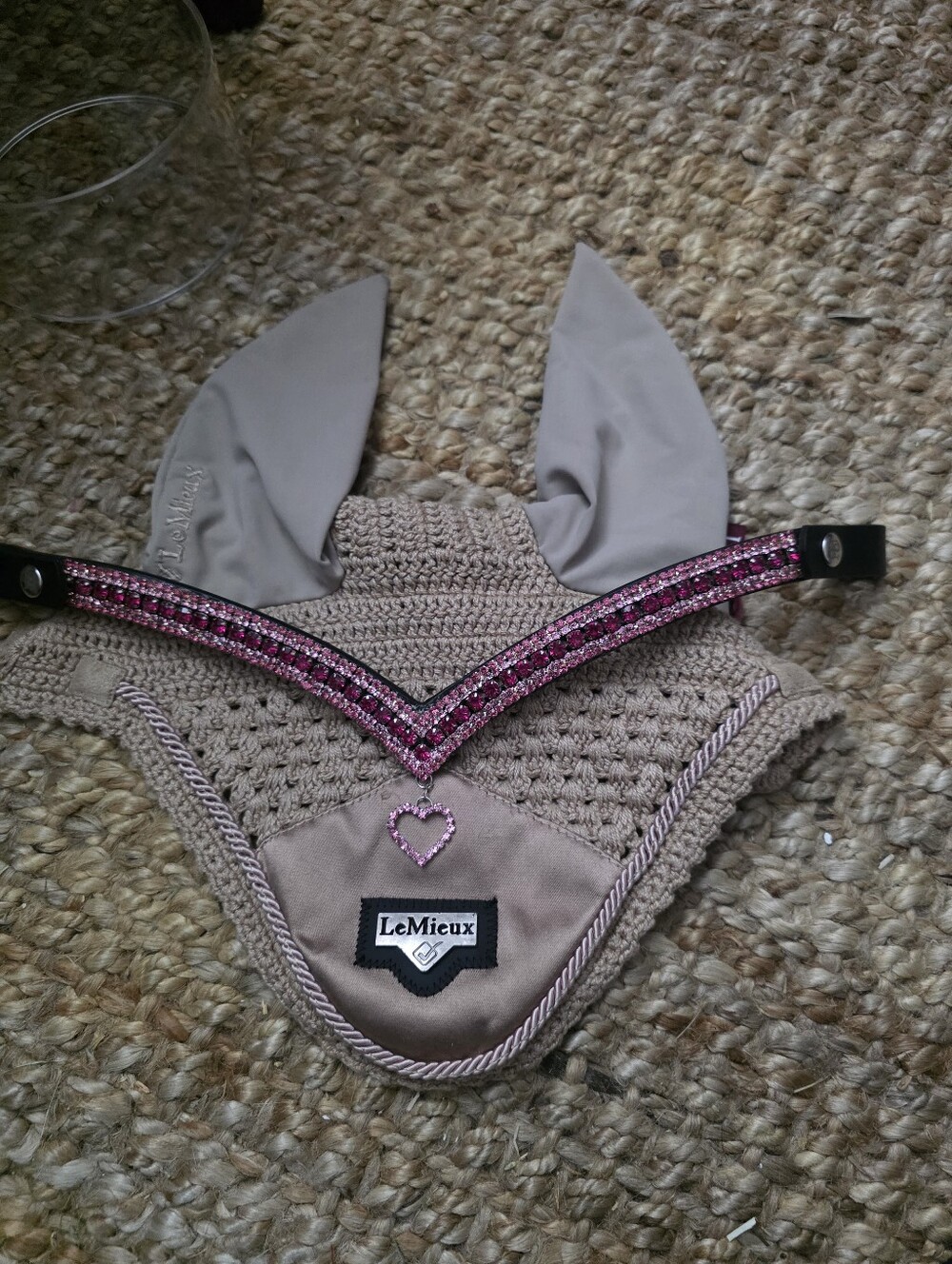 Pink Crystal Browband Snap On Full Size With Heart Charm